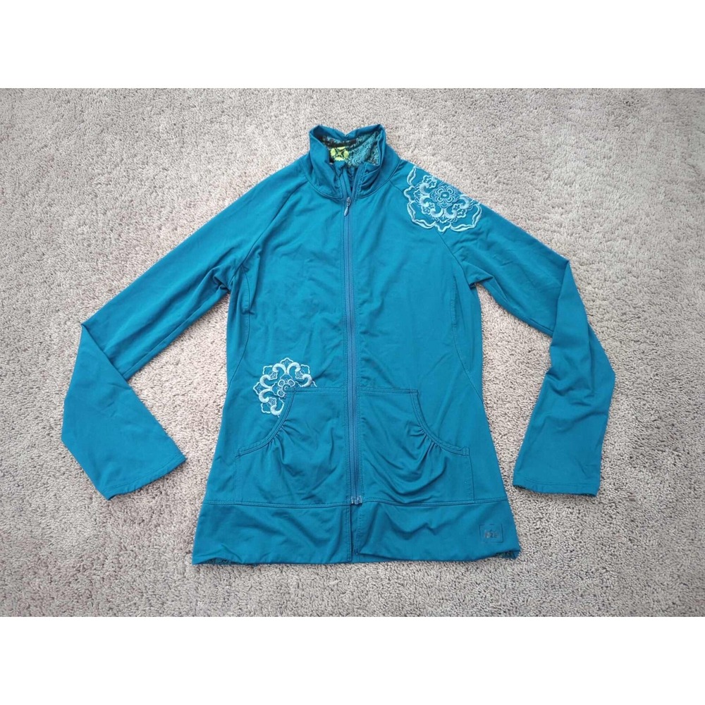 REI Jacket Womens Small‎ Blue Zip Up Embroidered Floral Outdoor Casual